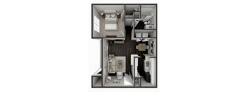 A 3D floor plan of a small apartment with a bedroom, living room, kitchen, and bathroom.