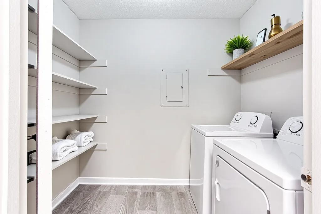A laundry room with a washer and dryer, a shelf with a plant and a brass object, and towels on shelves.