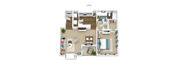 A floor plan of a LilaC apartment with a living room, dining room, kitchen, and bedrooms.