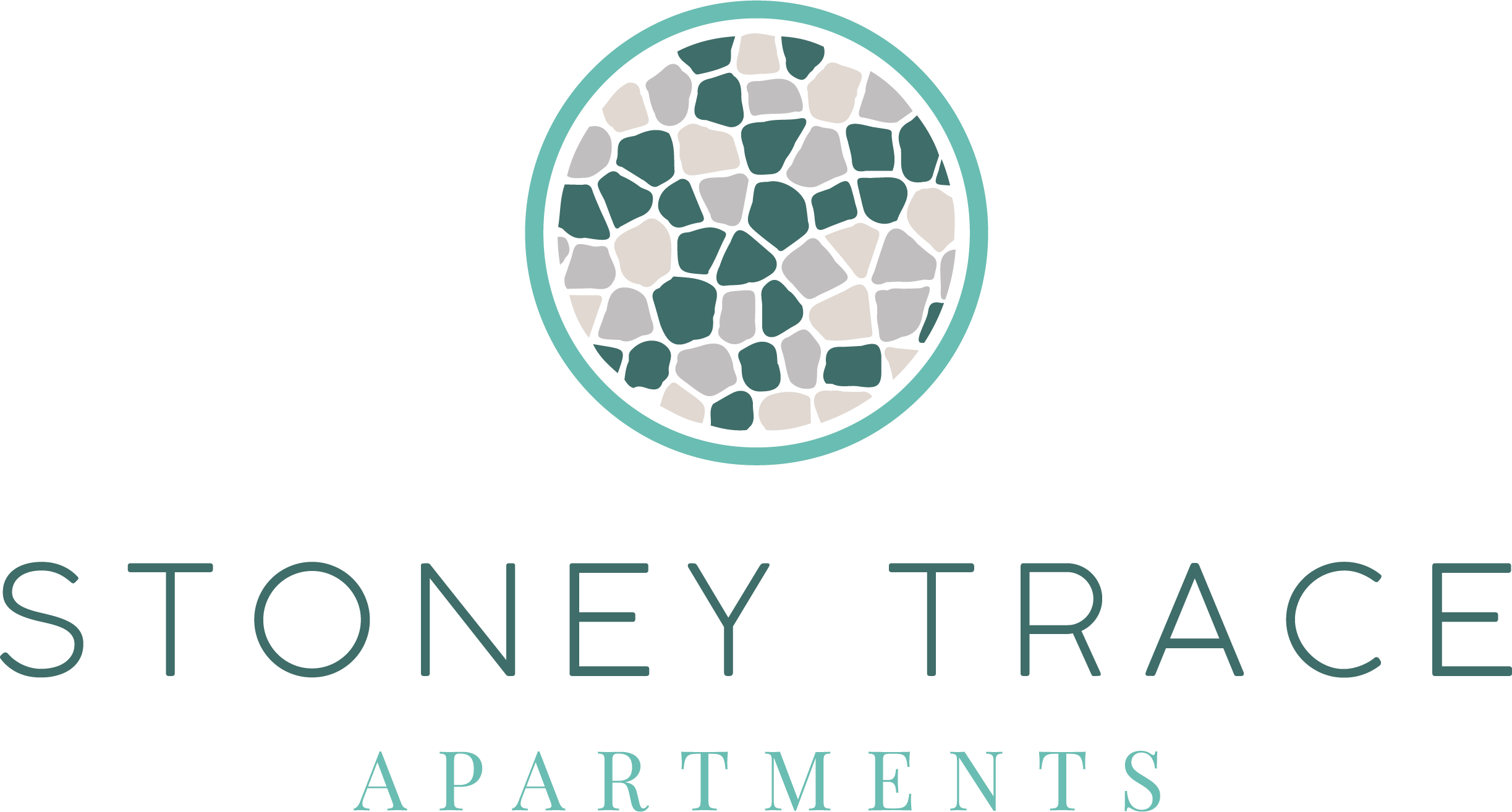 A logo with a stone pattern in the center and the words "Stoney Trace Apartments" below it.