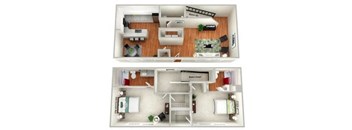 two images of a 1 bedroom floor plan with roommates