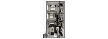 A 3D floor plan of a small apartment with two bedrooms, a living room, and a kitchen.