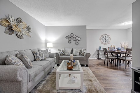 A living room with a grey couch, a coffee table, and a dining table.