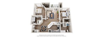 A 3D floor plan of a house with a kitchen, living room, and bathroom.