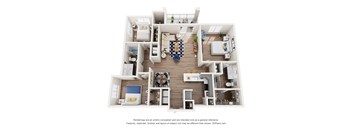 A 3D floor plan of a house with a kitchen, living room, and two bedrooms.