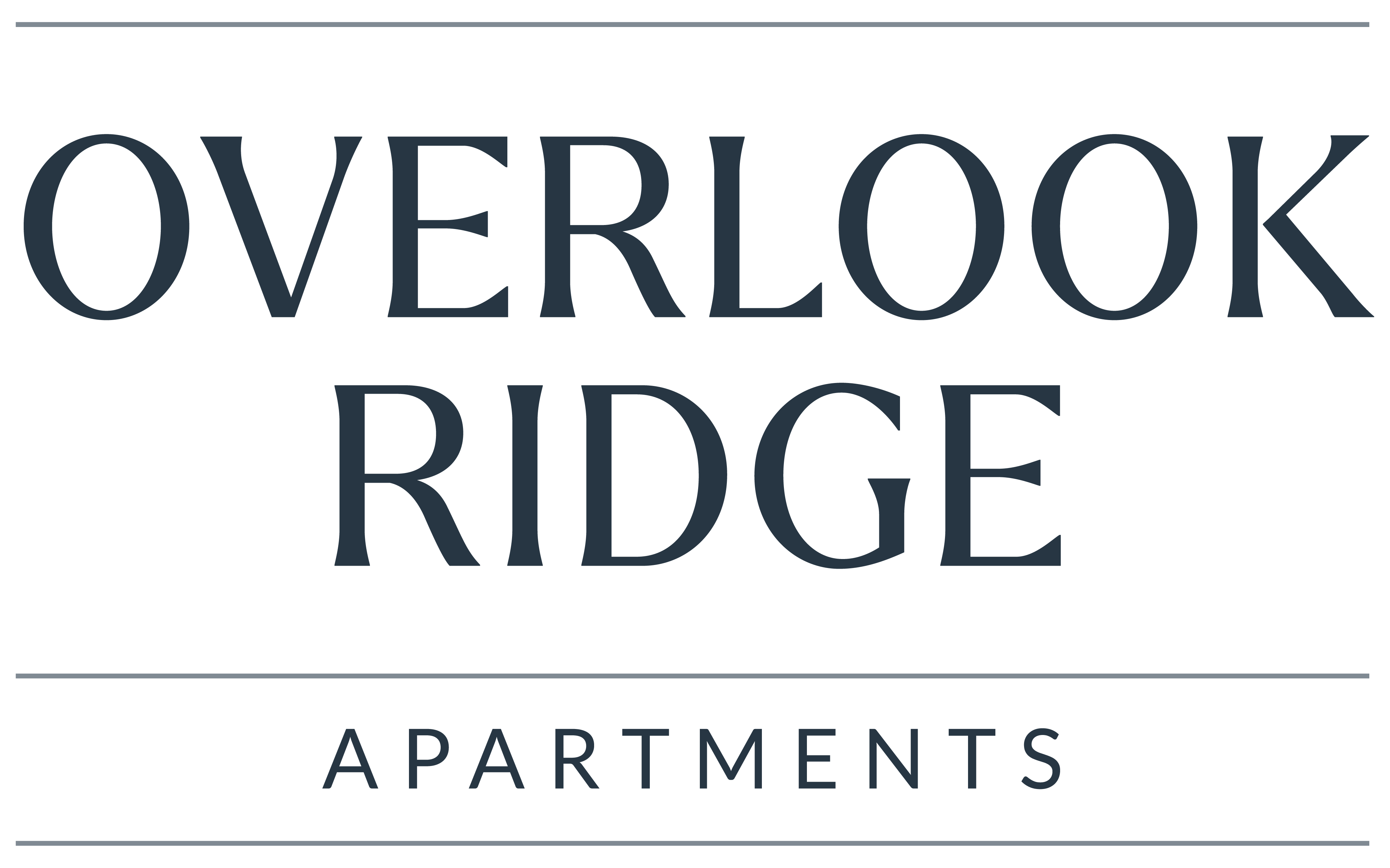A black and white image of a sign that says Overlook Ridge Apartments.