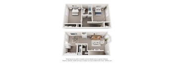 A floor plan of a two-bedroom apartment with a kitchen and living room.