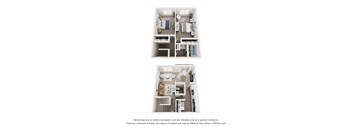 Two images of a small apartment layout with a kitchen, living room, and bedroom.