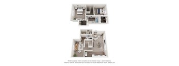 A 3D floor plan of a house with two bedrooms, a living room, a kitchen, and a bathroom.
