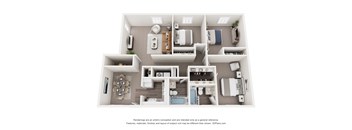 A 3D floor plan of a house with multiple rooms and furniture.