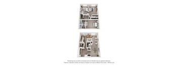 A floor plan of a two-bedroom apartment with a kitchen and living room.