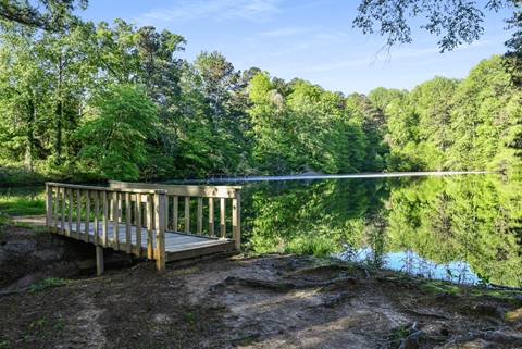 A wooden bridge over a calm lake surrounded by lush green trees.