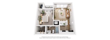 A 3D floor plan of a small apartment with a kitchen, living room, and bathroom.
