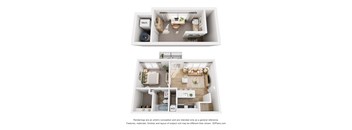 A floor plan of a two-bedroom apartment with a kitchen and living room.
