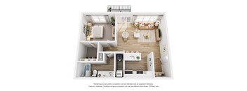 A 3D floor plan of a small apartment with a living room, kitchen, and bathroom.