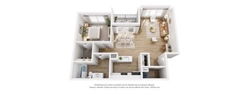 A 3D floor plan of a house with labeled rooms.