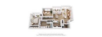 A 3D floor plan of a house with multiple rooms and furniture.