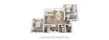 A 3D floor plan of a house with a kitchen, living room, and bathroom.