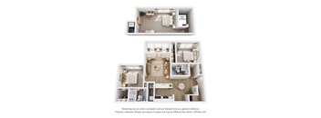 A 3D floor plan of a house with a kitchen, living room, and two bedrooms.