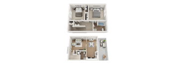 A 3D floor plan of a two bedroom apartment.