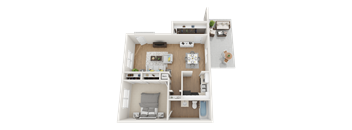 A 3D floor plan of a small apartment with a kitchen, living room, and bathroom.