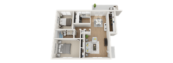 A 3D floor plan of a house showing two bedrooms, a living room, a kitchen, and a bathroom.