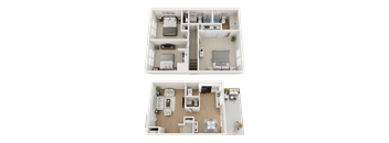 A top-down view of a two-bedroom apartment with a living room and kitchen area.