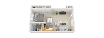 A 3D rendered image of a small apartment layout.