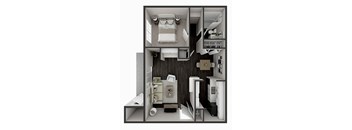 A 3D rendered image of a small apartment layout.