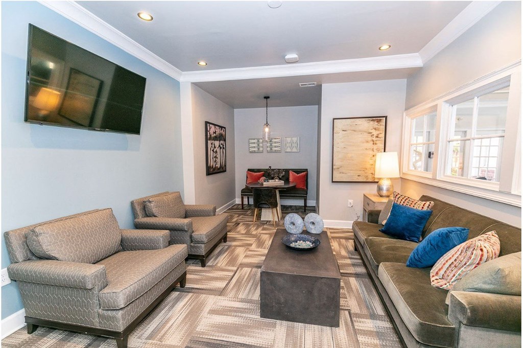 a living room with couches and chairs and a tv