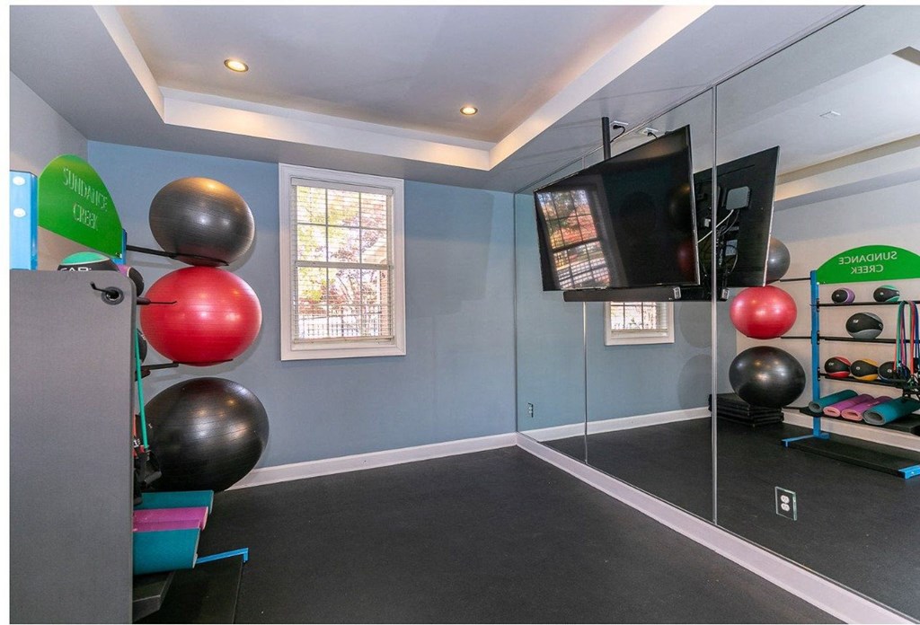 a home gym with balloons and a tv