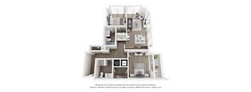 a 3d furnished floor plan of a 1 bedroom apartment