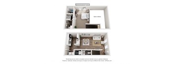 a stylized floor plan with a bedroom and a living room