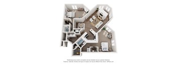 a stylized floor plan with a bedroom and a living room