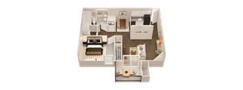 a 3d floor plan of a bedroom with a bed and a living room