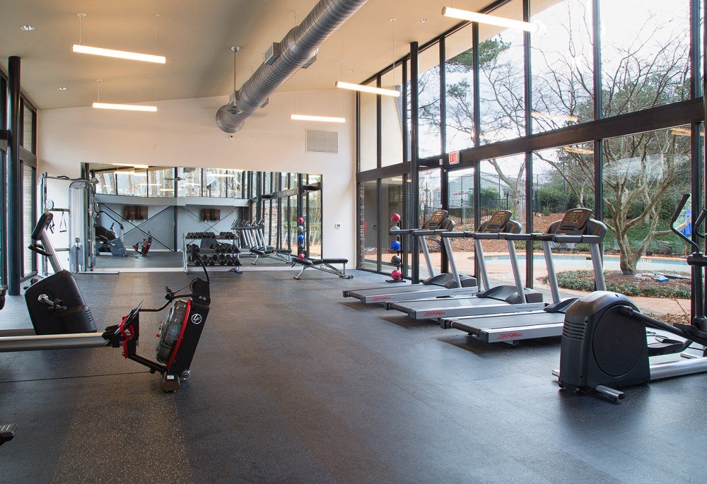 the gym has plenty of floor to ceiling windows and cardio equipment