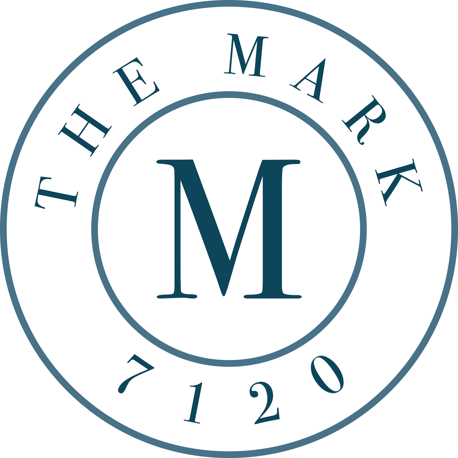 A blue and white logo with the word "THE MARK" and the number "7120" surrounded by a circle.