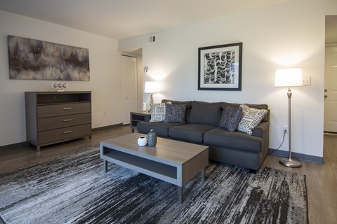 A living room with a grey couch and a coffee table.