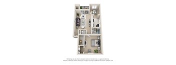 A 3D floor plan of a house with a kitchen, living room, and two bedrooms.