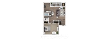 A top-down view of a house interior with a kitchen, living room, and bedrooms.
