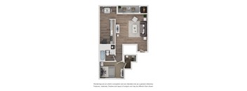 A floor plan of a house with a kitchen, living room, and bathrooms.