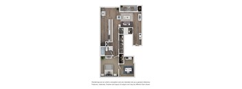 A floor plan of a house with a kitchen, living room, and two bedrooms.