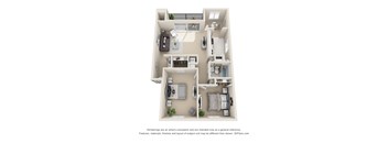 A 3D floor plan of a small apartment with a kitchen, living room, and bathroom.