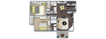 A top-down view of a house layout with a living room, kitchen, and dining area.
