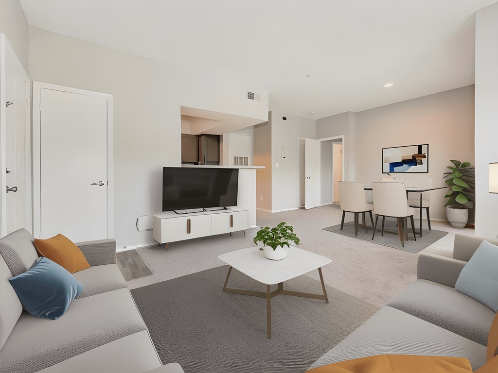 A living room with a grey sofa, a white coffee table, and a television.
