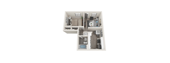 A top down view of a small apartment with a kitchen, living room, and bathroom.
