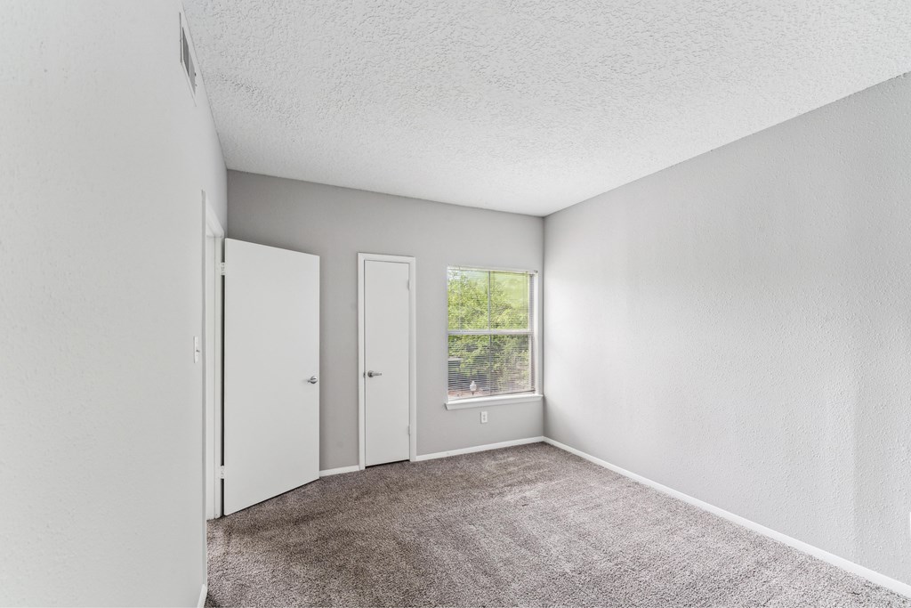 A room with a carpeted floor and a window showing trees outside.