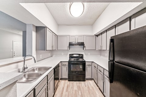 A kitchen with a black refrigerator and a black oven.