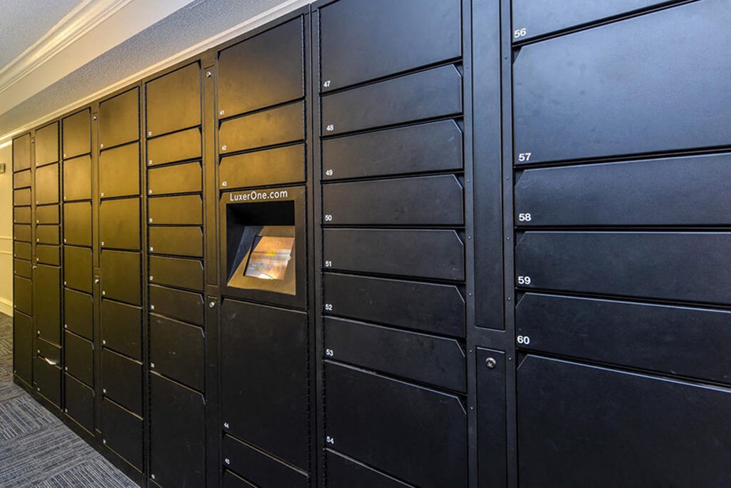 A row of black mailboxes with numbers on them.