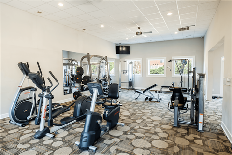 A gym with a variety of exercise equipment including treadmills, stationary bikes, and weight machines.